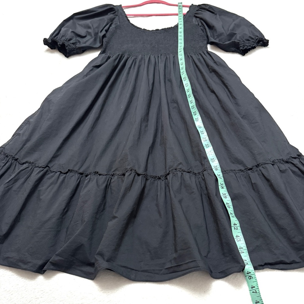 Black Smocked Midi Dress with Puff Sleeves - Picture 8 of 10